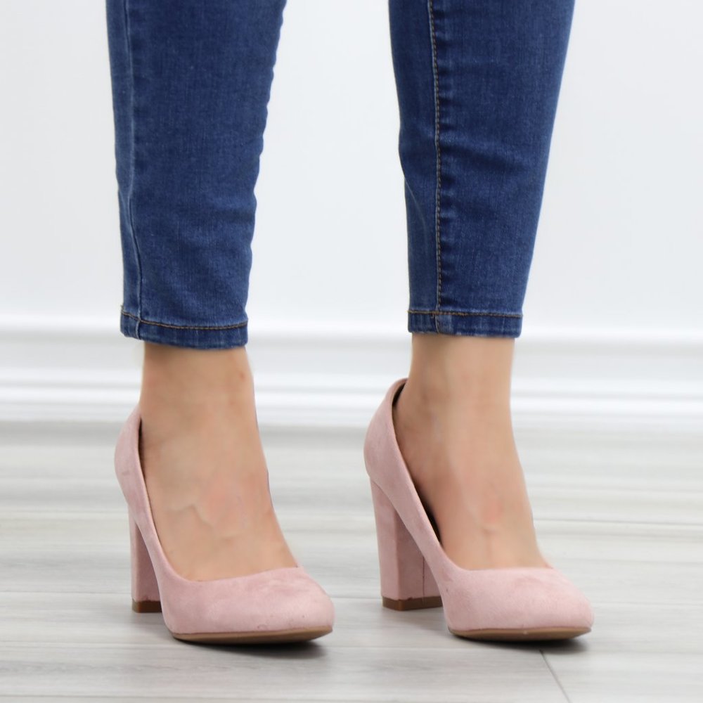 Rose Faux Suede Slip On Block High Heel Pumps - Picture 7 of 10
